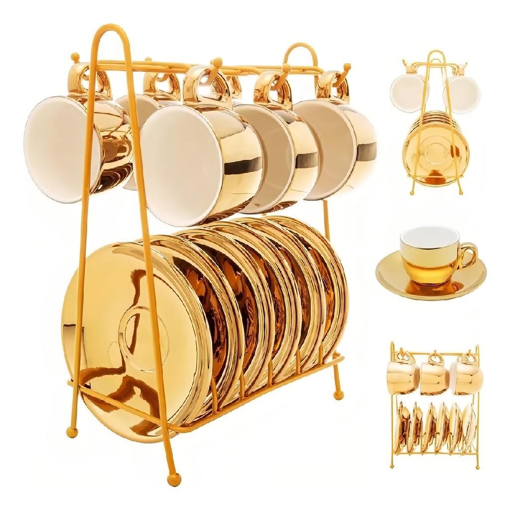 Jogo De 6 Xicaras Com Pires + Suporte Porcelana Dourada Luxo Cor Dourado Liso