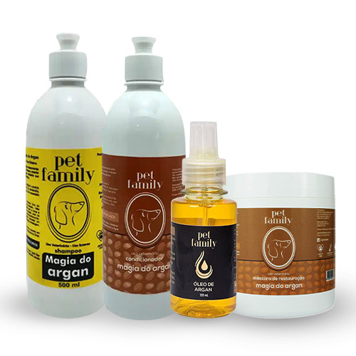 Kit Banho Pet Desembaraçador de Pelos Longos Com Shampoo Condicionador Máscara e Oléo de Argan Pet Family