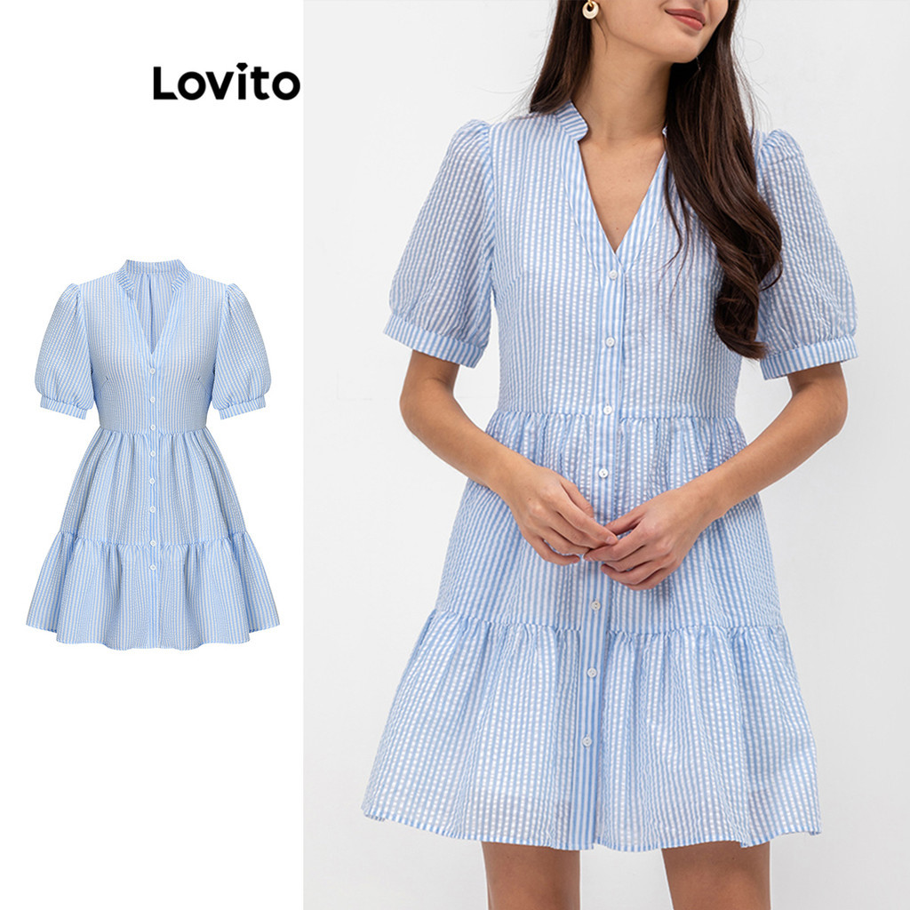 Lovito Vestido Casual Listrado Franzido Manga Bufante Para Mulheres L62ED137 (Azul) em Oferta na Shopee