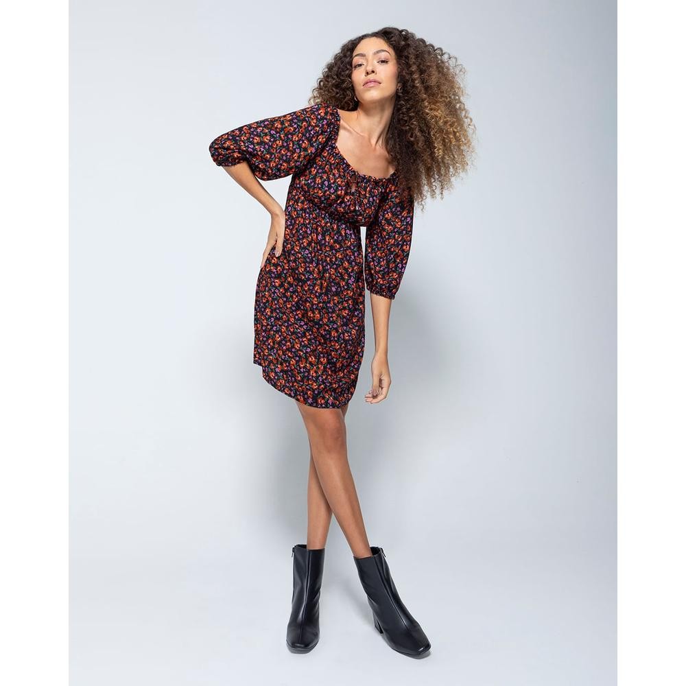 Vestido Evasê Feminino Manga Bufante Em Viscose - ENFIM em Oferta na Shopee