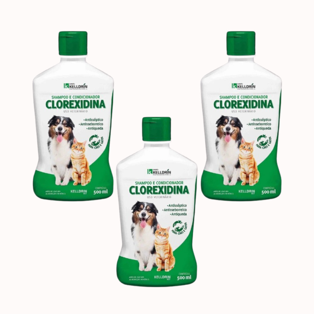 Kit 3 Shampoo Condicionador 5 em 1 Clorexidina Antisséptico e Dermatológico para Cães e Gatos Embalagem de 500ml