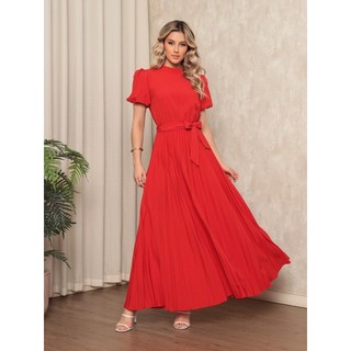 Vestido Longo Feminino Crepinho,Mangas Bufantes Cintura Marcada E Saia Plissada - Elegância E Charme Ocasiões Especiais