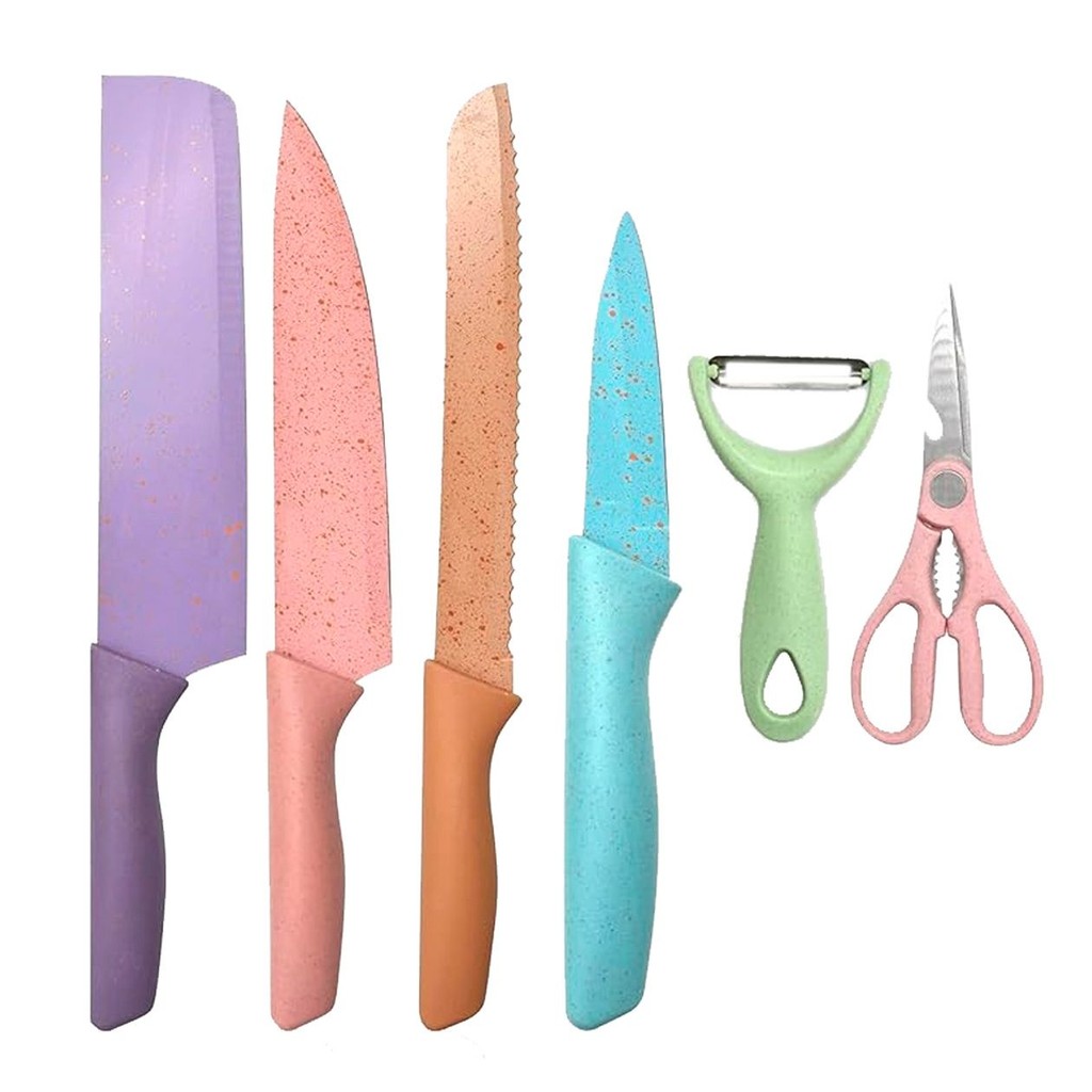 Jogo de Facas 6 Peças Cozinha Chef Churrasco Multiuso Lâmina Afiada Resistente Durável Utensílios Talheres Antiaderente