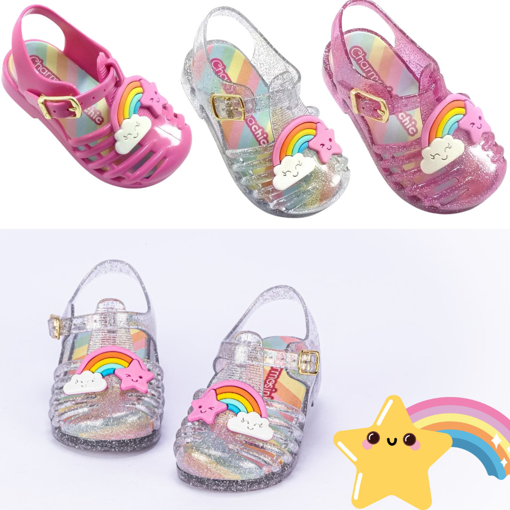 Sandália Frisada Arco Íris Infantil Menina Charmosinha Chic Transparente Aranha