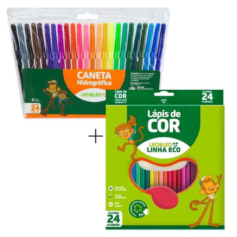 Kit Lápis de Cor 24 Cores + Canetinha - Caneta Hidrográfica 24 cores Simples Leo&Leo