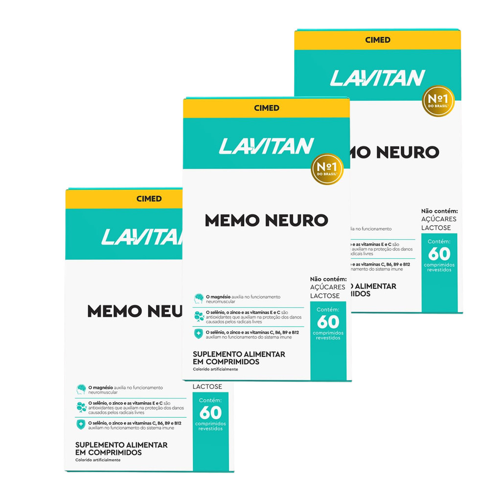 Kit 3 Lavitan Memo Neuro Memória Cimed 60 Cápsulas Multivitamínico Foco Concentração Vitaminas