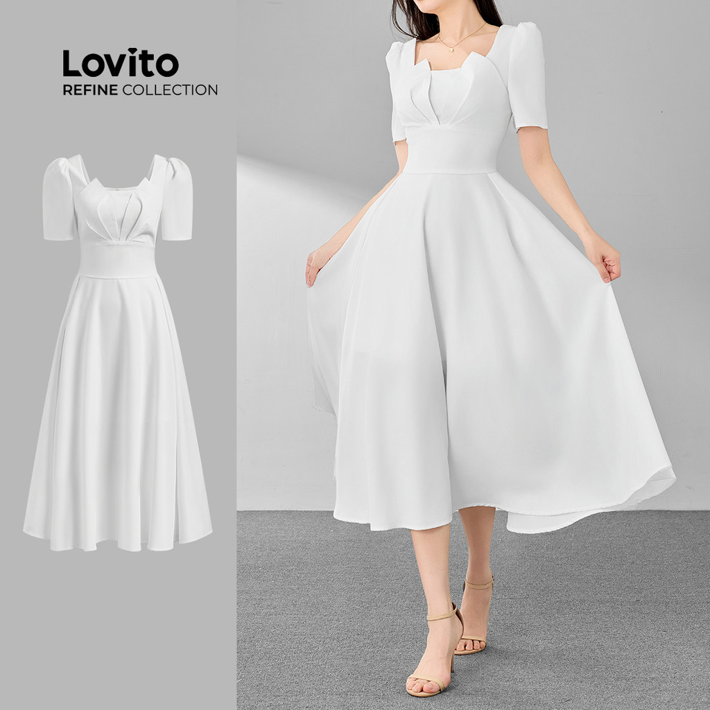 (Lovito Refine) Vestido elegante liso plissado com estrutura para mulheres LR4ED025 - Women Clothes