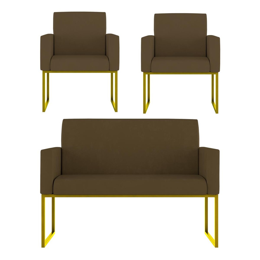 Kit 2 Poltronas + Namoradeira Lugares Recepção Base Dourada em Oferta na Shopee