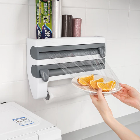 Dispenser 4 em 1 Cortador Papel Filme Aluminio Porta Papel Toalha Tempero Organizador de Cozinha
