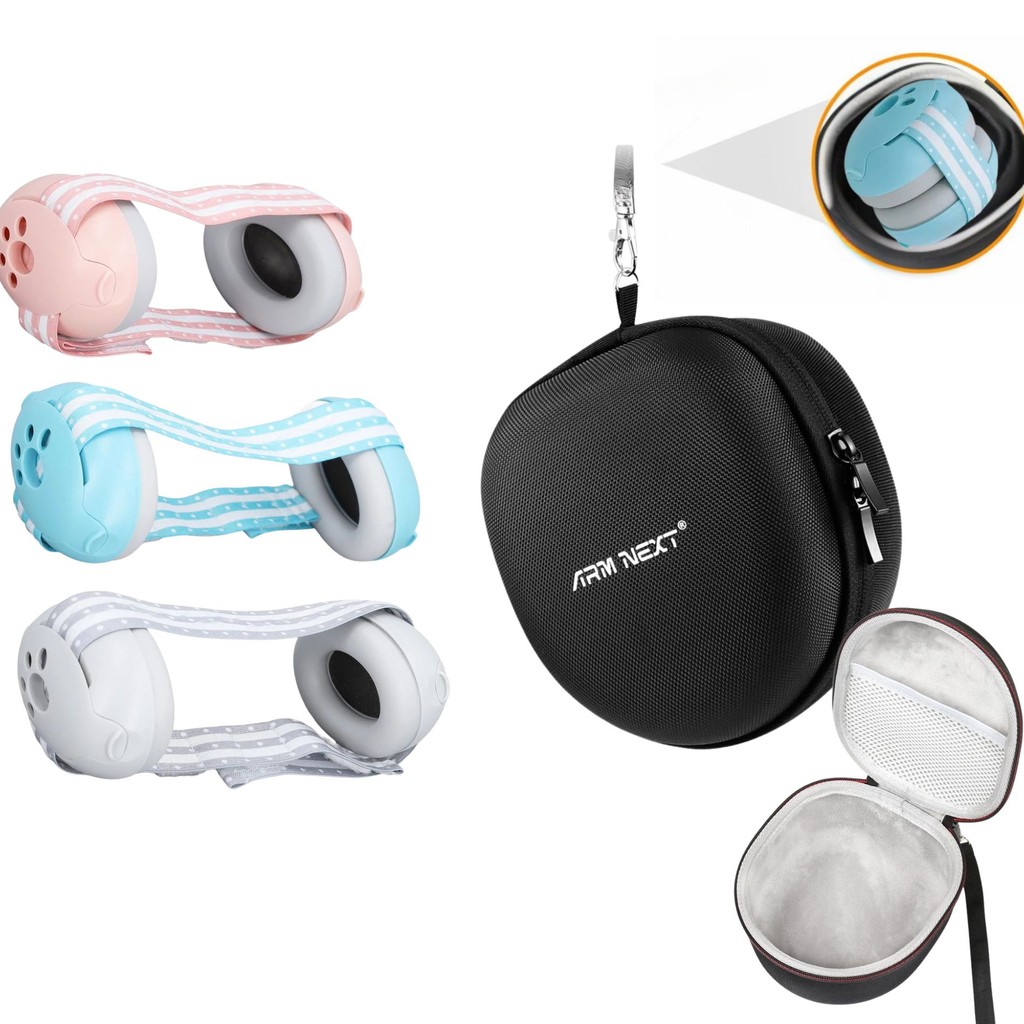 Kit Protetor Abafador de Ruído Bebê Neném e Recém Nascido Cores Rosa Azul Cinza + CASE Aveludado Confortável Ajustável