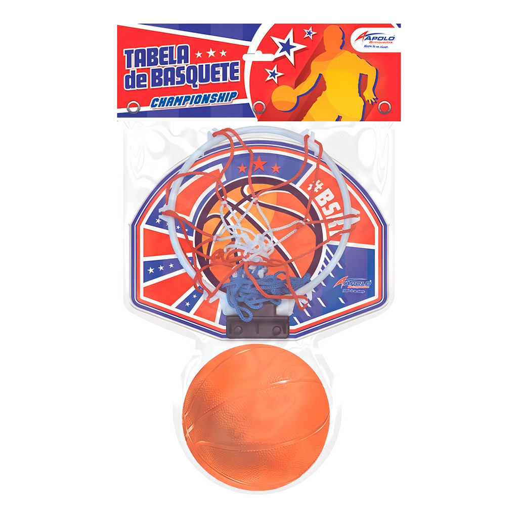 Tabela De Basquete Com Bola Infantil - Apolo Brinquedos 01 Tabela com Rede e Aro, 01 rede, 01 Bola de Vinil.