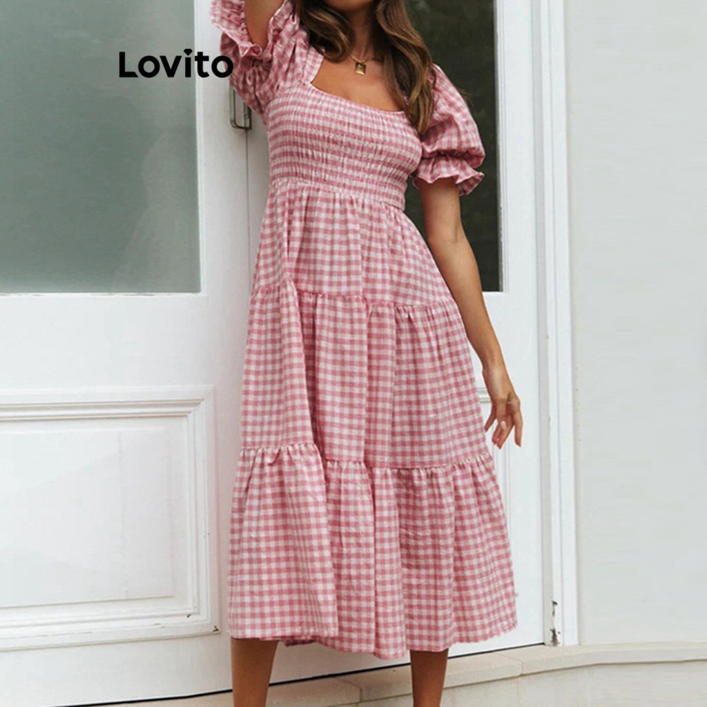 Lovito Vestido Casual Xadrez Com Bainha Em Camadas Para Mulheres LNL40066 (Multicolorido) em Oferta na Shopee