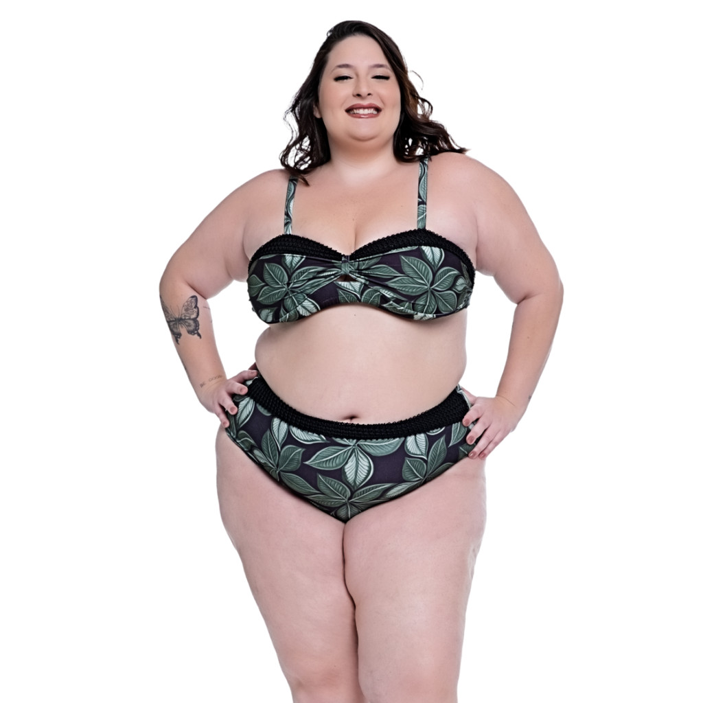 Biquíni Plus Size Bojo Fixo Alças Com Regulagem Calcinha Cintura Alta Estampado Folhagem Moda Praia