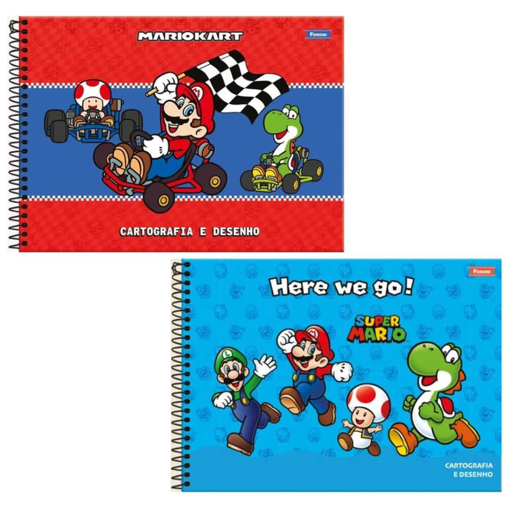 Kit Caderno MarioKart 5 unidades Cartografia e Desenho Foroni 80 folhas Espiral Sortido