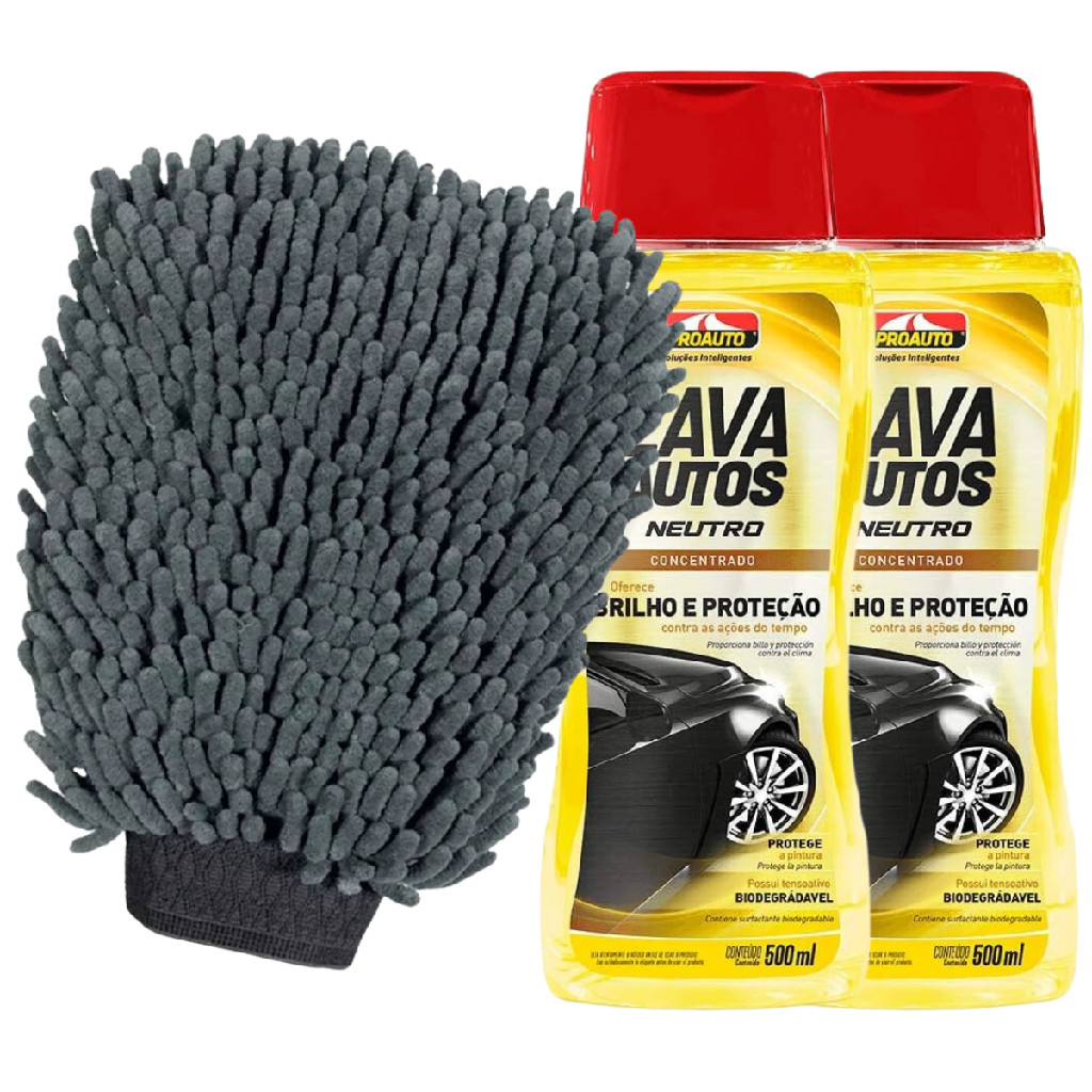 Kit Lavagem C/ 2 Lava Autos Neutro Concentrado Proauto e Luva Chenile