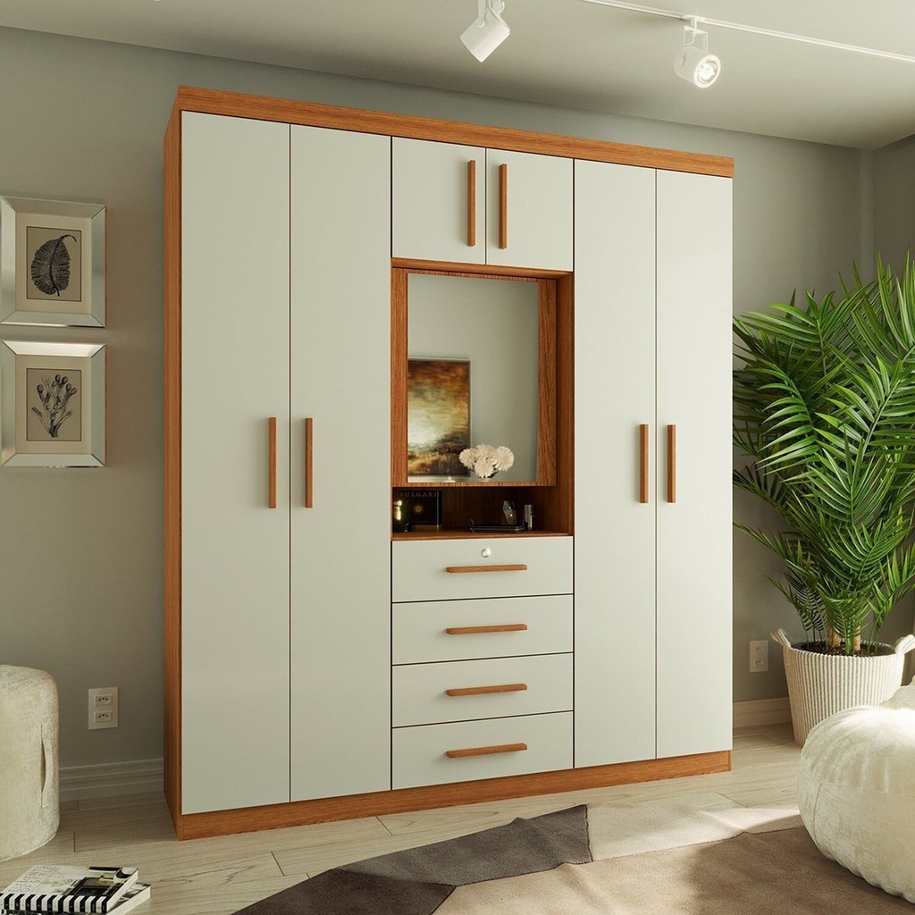Guarda-roupa Casal com Espelho Capelinha 7 Portas 4 Gavetas Advantage Off White/Freijó em Oferta na Shopee