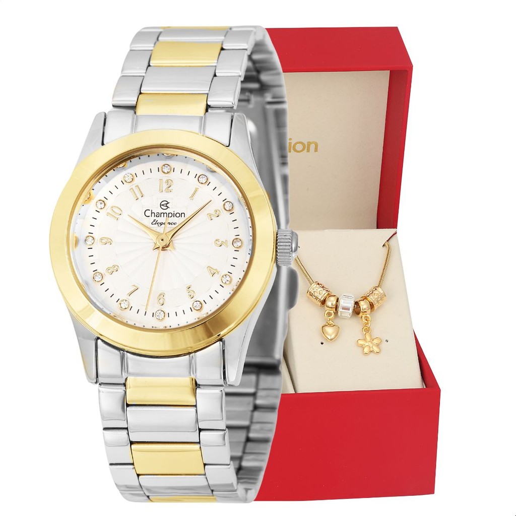 Relógio de Pulso Feminino Champion Bicolor Mini + Pulseira Berloques Resistente a Água Mãe  CF24000S