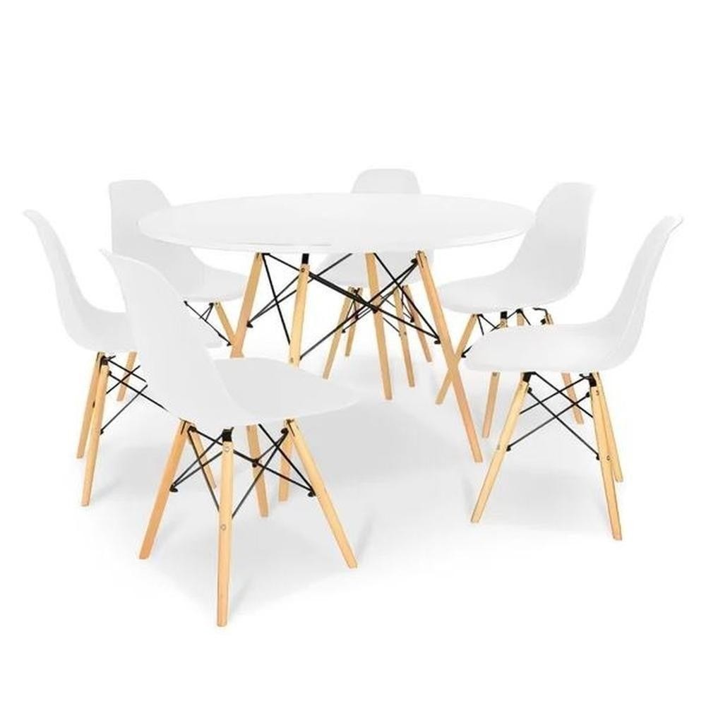 Conjunto De Mesa De Jantar Eames Eiffel Redonda 100cm Tampo De Madeira Branco Com 6 Cadeiras Brancas em Oferta na Shopee