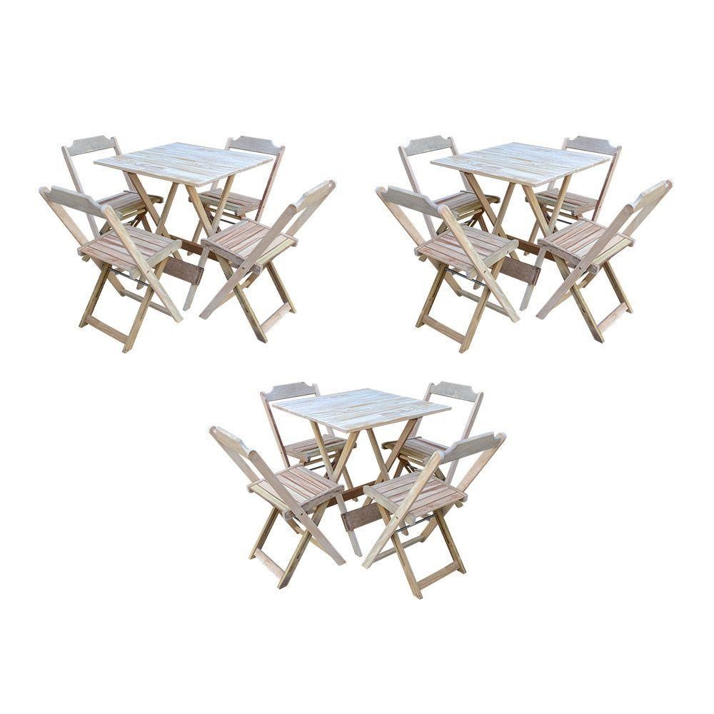 Kit 3 Conjuntos De Mesa Dobravel Com 4 Cadeiras De Madeira 70X70 Para Restaurante E Bar - Sem Pintur