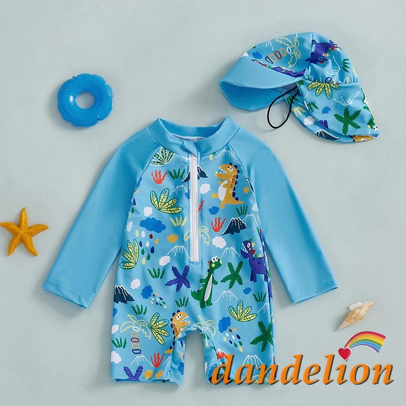 0-5 Anos Crianças/Bebê Menino Rash Guard Maiô De Uma Peça Com Estampa De Tubarão Manga Comprida Meio Zíper Chapéu De Sol