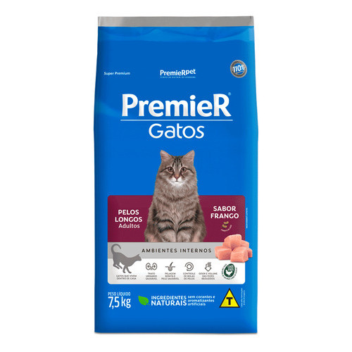 Ração Premier Ambientes Internos Pelos Longos para Gatos Adultos Sabor Frango 7,5kg