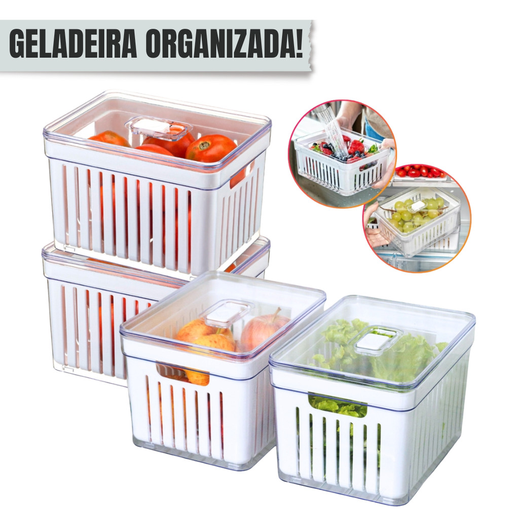 Kit 4 Organizador de Geladeira 3.8 Litros Cesto Com Tampa Multiuso Alimentos Verduras e Vegetais