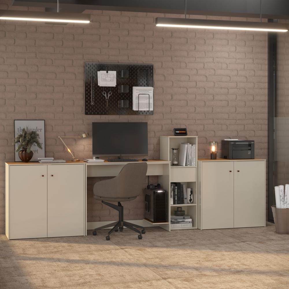 Conjunto de Escritório 4 Peças Smart Office Mesa Livreiro e 2 Aparadores Buffet em Oferta na Shopee