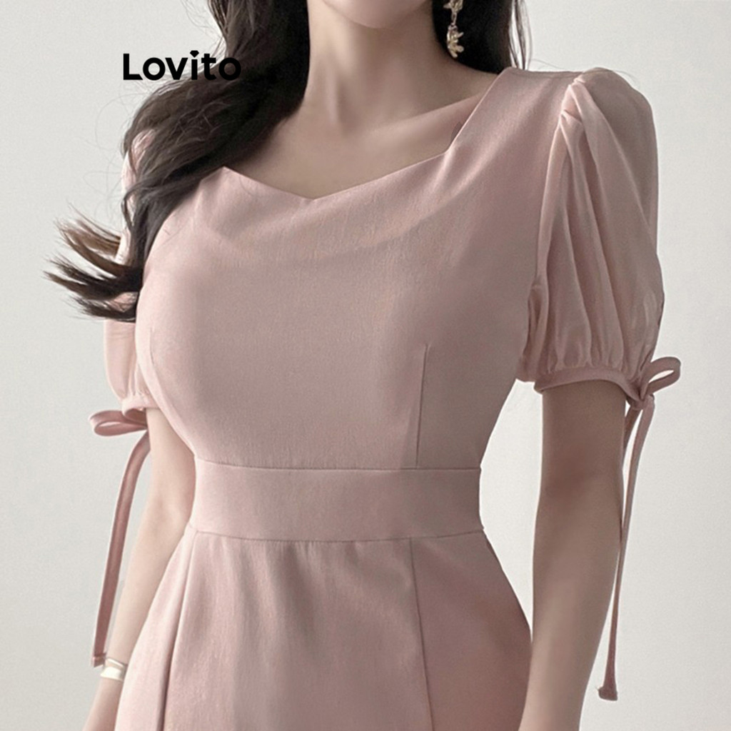 Detalhes do (Trendy) Lovito Vestido Elegante Liso Com Cadarço E Zíper Vestido Básico Para Mulheres L105MD698