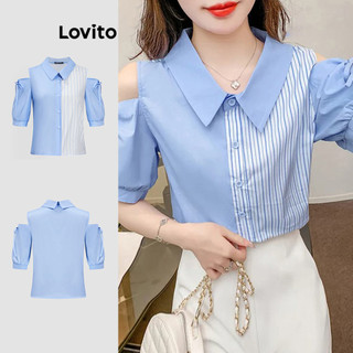 Lovito Blusa casual listrada com blocos de cores e ombros descobertos e renda para mulheres L109MD592 em Oferta na Shopee