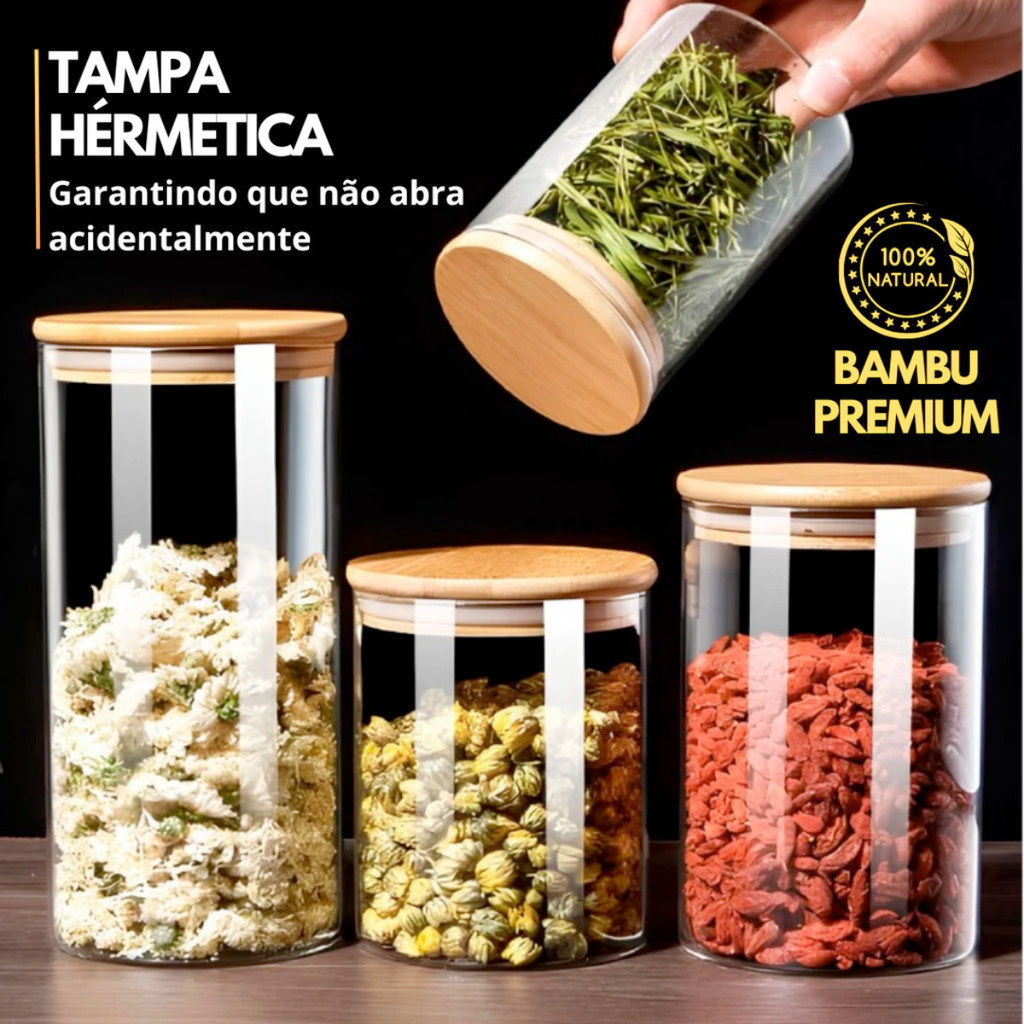 Kit Com 5 Potes Vidro Com Tampa Bambu Super Vedação hermético Conjunto porta mantimento · foto 2