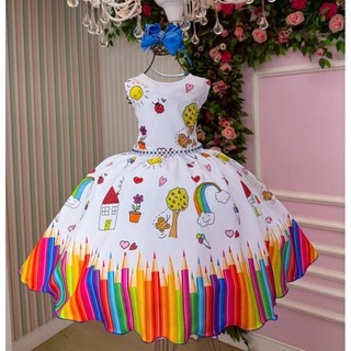 Vestido infantil abc Lapis Aquarela Branco e Azul Royal formatura