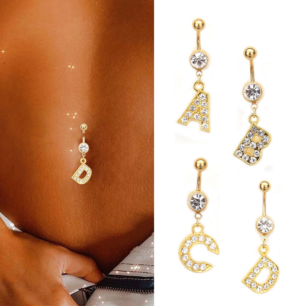 1PC Cartas Douradas A-Z Anéis De Botão De Barriga Com Glitter Diamond Personalidade Criativa Anel Do Umbigo Piercing em Oferta na Shopee