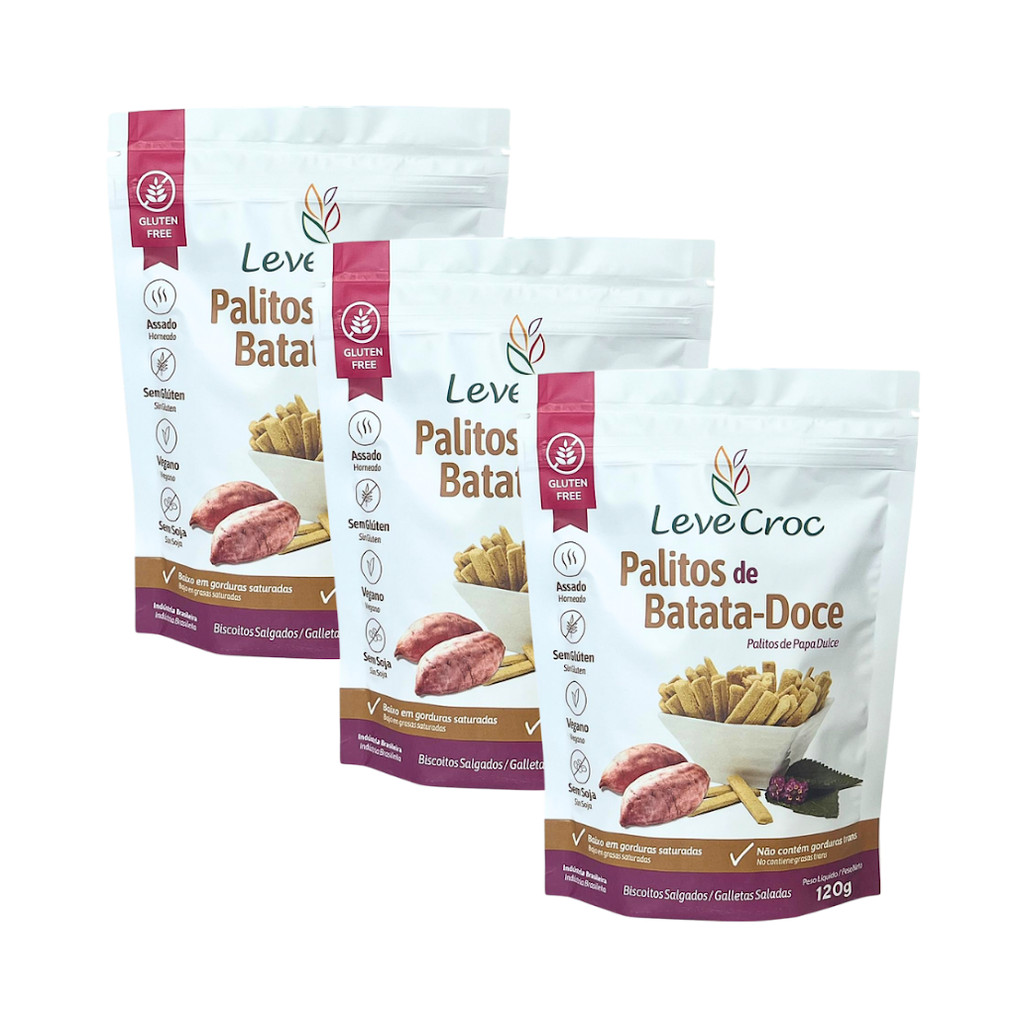 Kit com 3 pacotes de Palitos Salgados de Batata-Doce Sem Glúten de 120g cada - Leve Croc