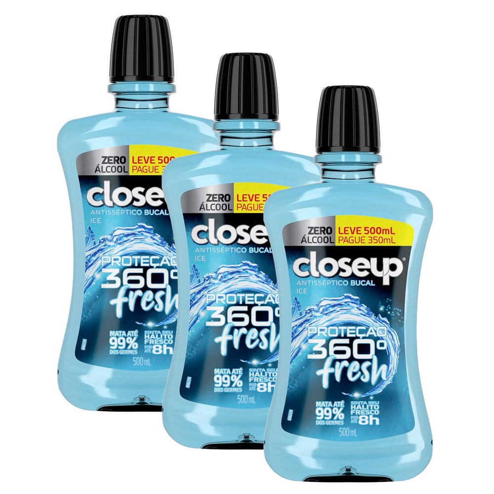 Kit 3 Enxaguante Bucal Closeup Ice Proteção 360° Fresh Zero Álcool Leve 500ml Pague 350ml - Health