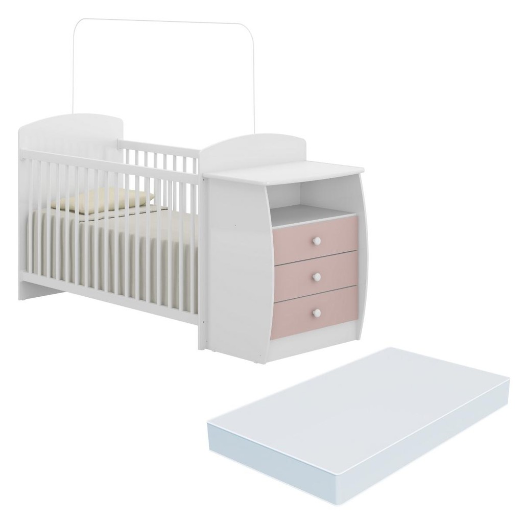 Berço Cômoda com Colchão Incluso Colinho de Mãe Multimóveis FG2951 Branco/Rosa em Oferta na Shopee