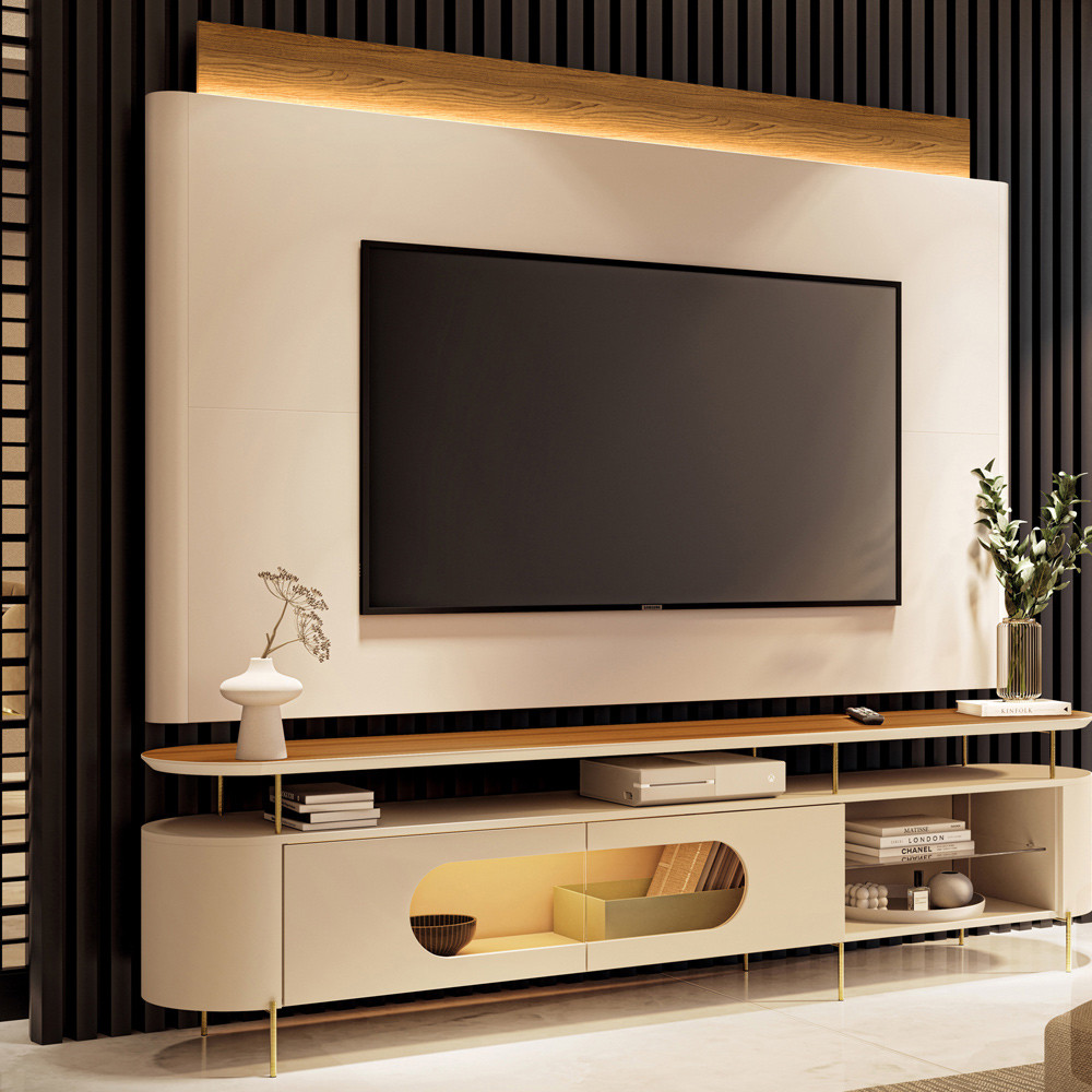 Rack Para Sala Orgânico Sâmia com Painel Para TV 85 Pol Aslan B01 Off White Cinamomo - Lyam Decor em Oferta na Shopee