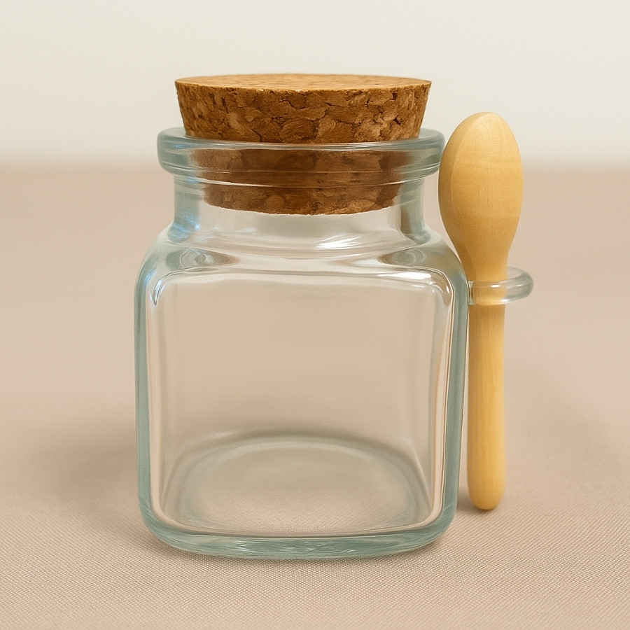 Mini Pote de Vidro Quadrado com Tampa de Rolha e Colherzinha de Madeira – 5x7x6,5cm - 90 ml - 1 unidade - Rizzo em Oferta na Shopee