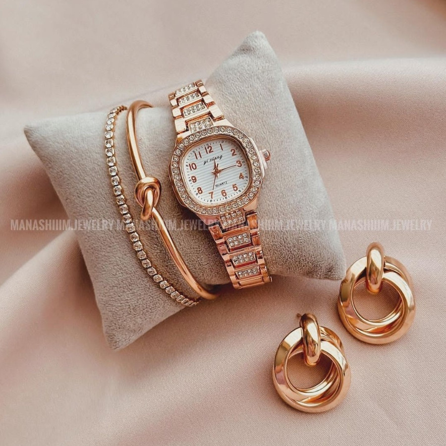 Kit Conjunto Relógio Feminino Dourado com Bracelete Pulseira e Brincos Acessórios Femininos Relogio
