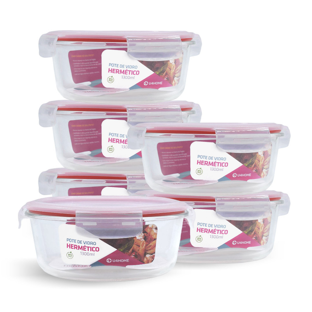 Kit 6 Potes De Vidro Redondo Com Tampa Hermética 1300ml em Oferta na Shopee