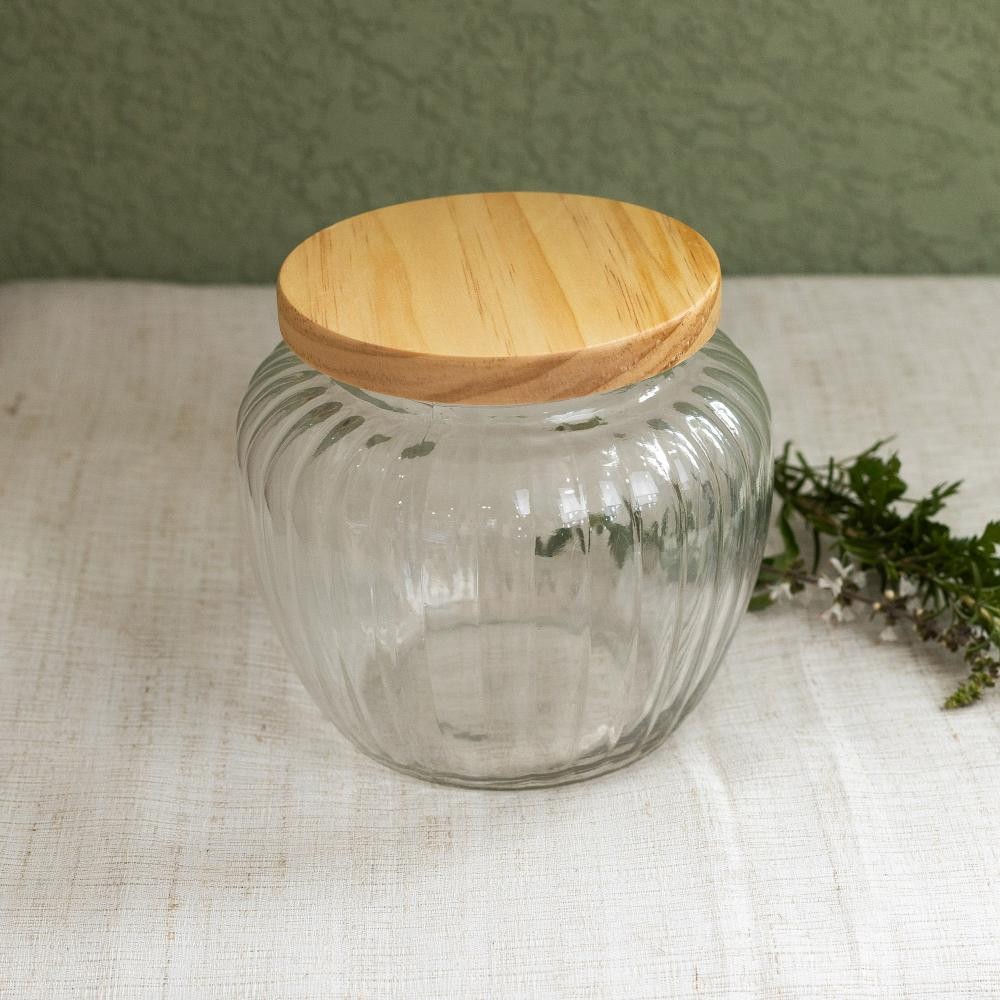 Porta Mantimento de Vidro com Tampa de Pinus 1,3L - Home & Living