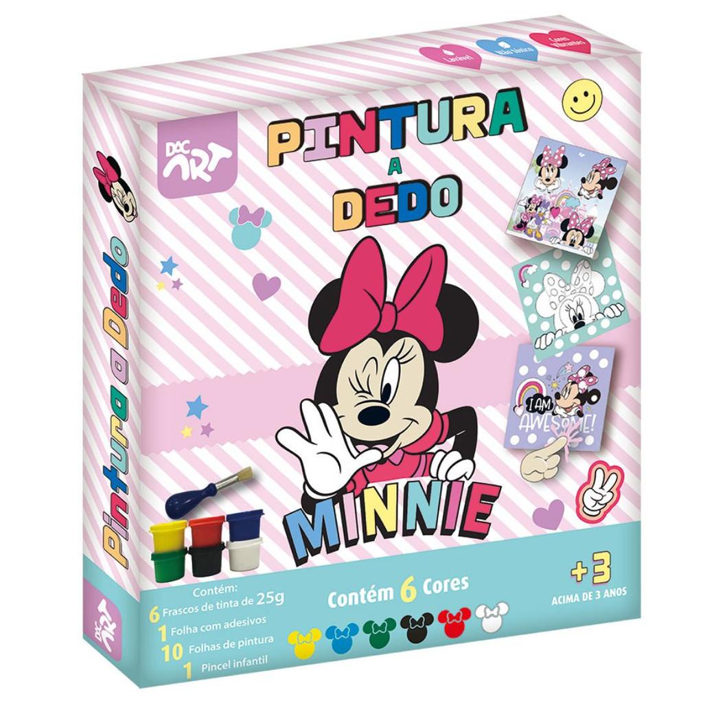 Conjunto Pintura a Dedo Minnie Mouse Disney Tinta Pincel Folha Adesivos Ilustrações Pintura Arte DAC