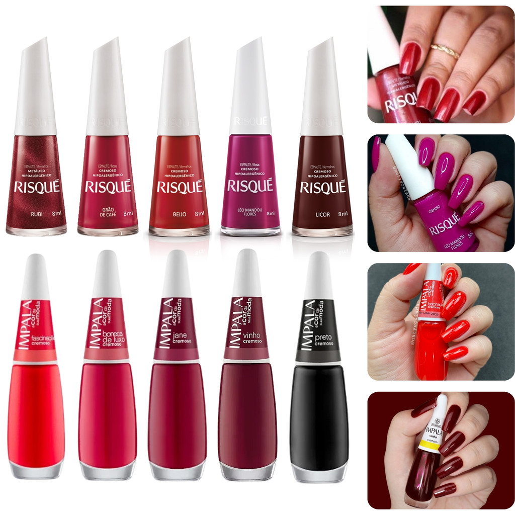 Kit 10 Esmalte Risque e Impala Rosa Vermelho Preto Escuro Manicure