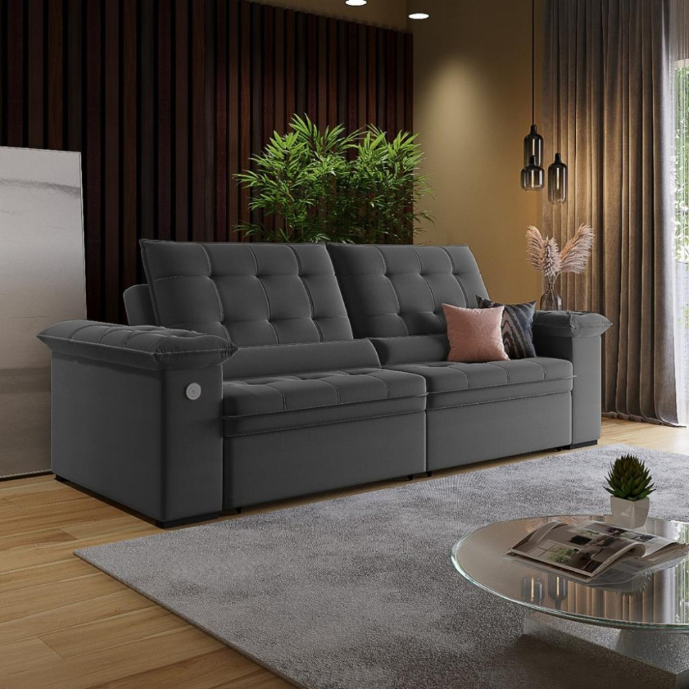 Sofá 4 Lugares Retrátil Reclinável com USB Veludo 250cm Khalifa Wood Estofados em Oferta na Shopee
