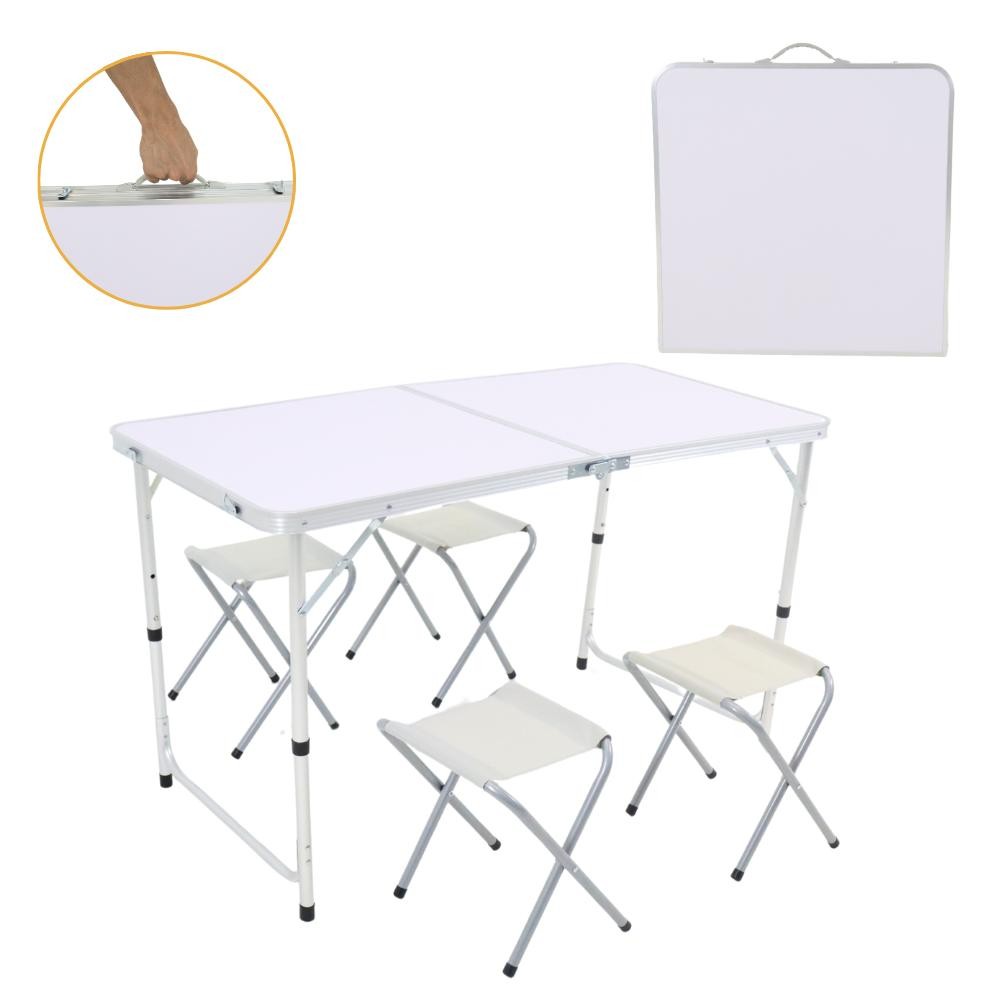 Kit Mesa Dobrável Portátil Que Vira Maleta Alúminio 120x60cm com 4 Banquinhos Dobráveis Brancos - Sports & Outdoors