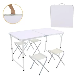 Kit Mesa Dobrável Portátil Que Vira Maleta Alúminio 120x60cm com 4 Banquinhos Dobráveis Brancos