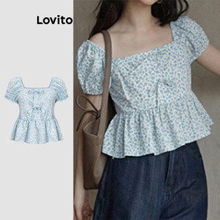 Lovito Blusa casual com babados e laço floral Ditsy para mulheres L114ADBL596 em Oferta na Shopee