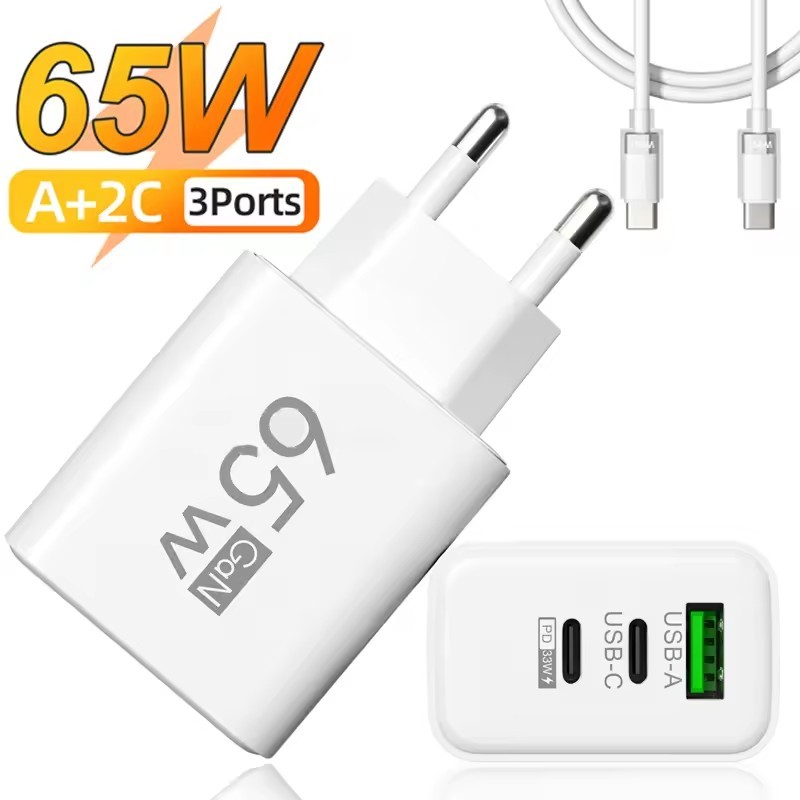 65W 3 Portas GaN USB PD Carregador De Carregamento Rápido Para Celular-1USBA + 2Type-C QC3.0 Adaptador De Parede Telefon