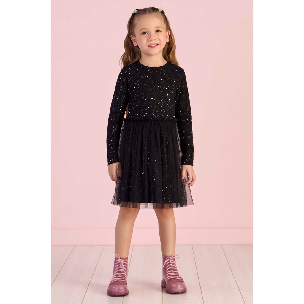 Vestido Mon Sucré Infantil Tule Preto Com Brilho 04 ao 12