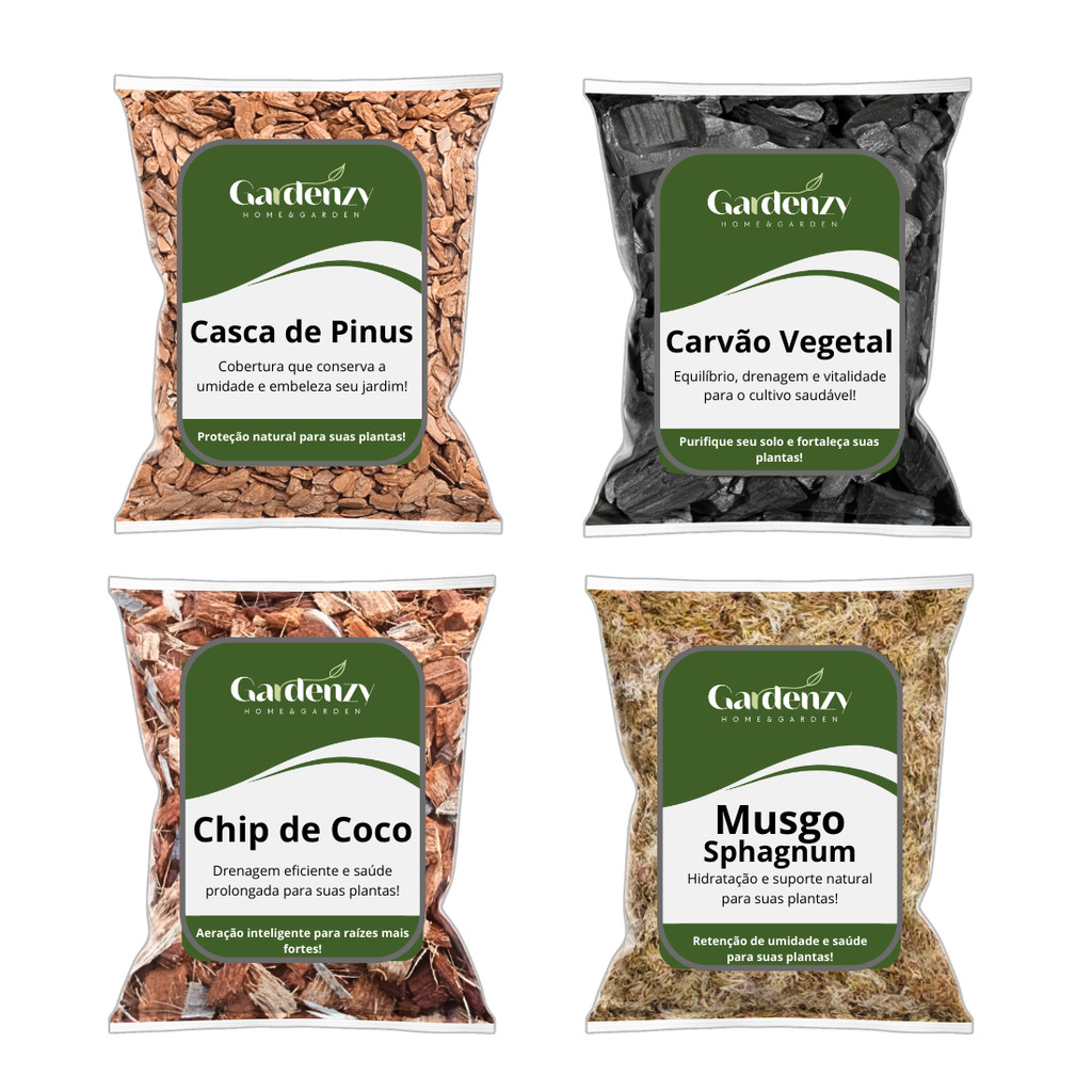 Kit Substrato Orquídeas – Casca de Pinus, Chip de Coco, Musgo Sphagnum e Carvão (3 Litros cada item)