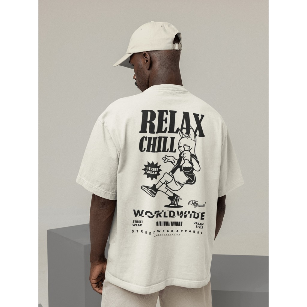 Camisa Camiseta Oversized Streetwear Masculino Urbano Treino Preto e Off Whte Estampado - RELAX CHILL